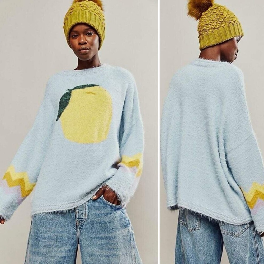 NEW Free People Just Peachy Pullover Sweater Lemon/ light blue, size XS